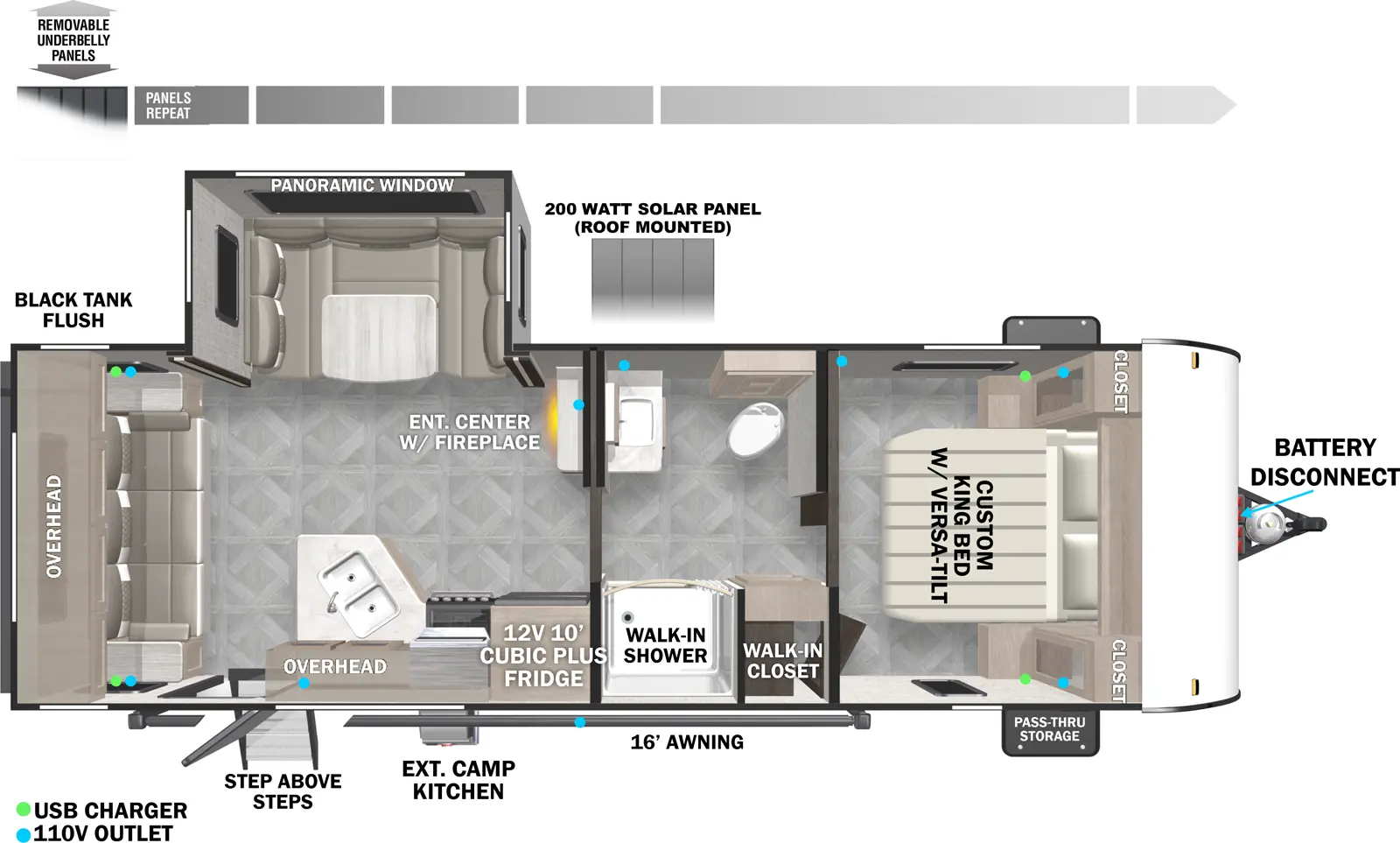 The 24RLXL has one slideout and one entry. Exterior features battery disconnect, 16 foot awning, step above steps, and removable underbelly panels. Interior layout front to back: foot-facing custom king bed with versa tilt, closets on each side, and door side walk-in closet; pass-thru split full bathroom with walk-in shower; entertainment center with fireplace along inner wall on off-door side; off-door side slideout with dinette and panoramic window; door side refrigerator, kitchen counter with sink, overhead cabinet, and entry; rear seating with overhead cabinet.